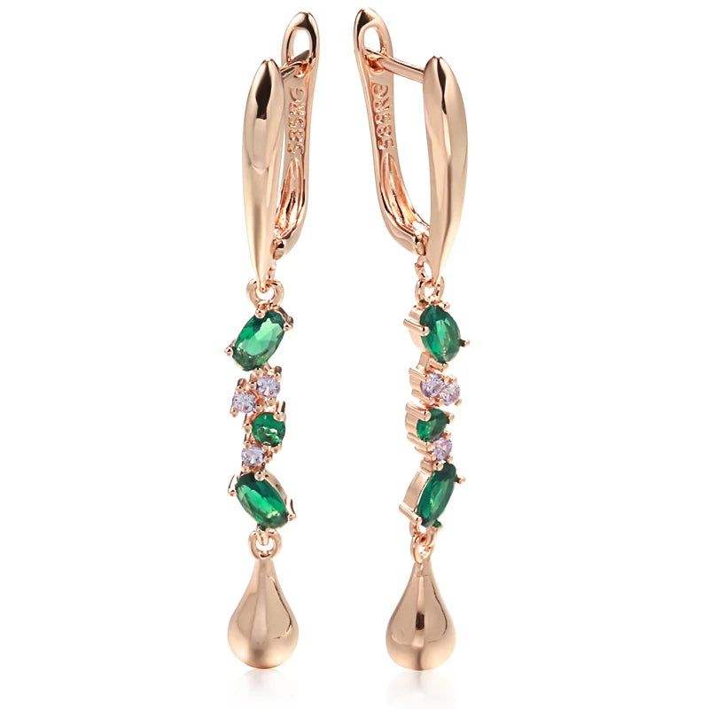 New Elegant 585 Rose Gold Long Dangle Earrings with Green Natural Zircon Leaf Design