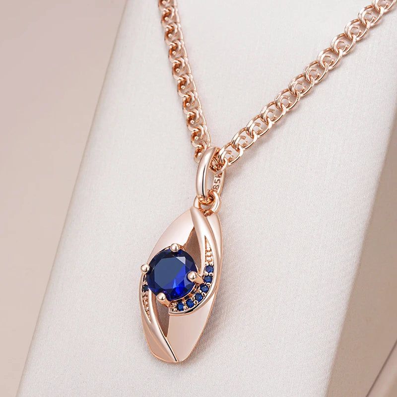 New Elegant 585 Rose Gold Pendant Necklace with Blue Natural Zircon on Snail Chain