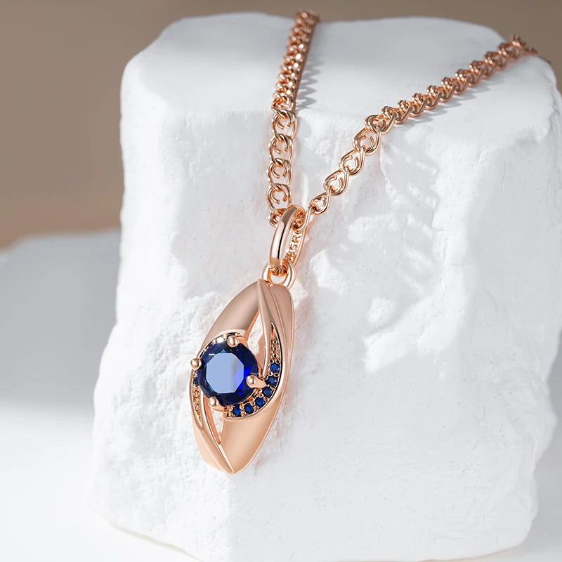 New Elegant 585 Rose Gold Pendant Necklace with Blue Natural Zircon on Snail Chain