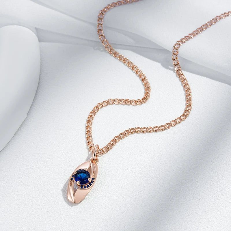 New Elegant 585 Rose Gold Pendant Necklace with Blue Natural Zircon on Snail Chain