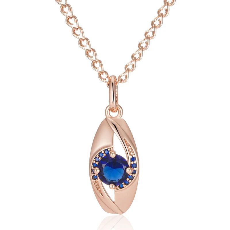 New Elegant 585 Rose Gold Pendant Necklace with Blue Natural Zircon on Snail Chain