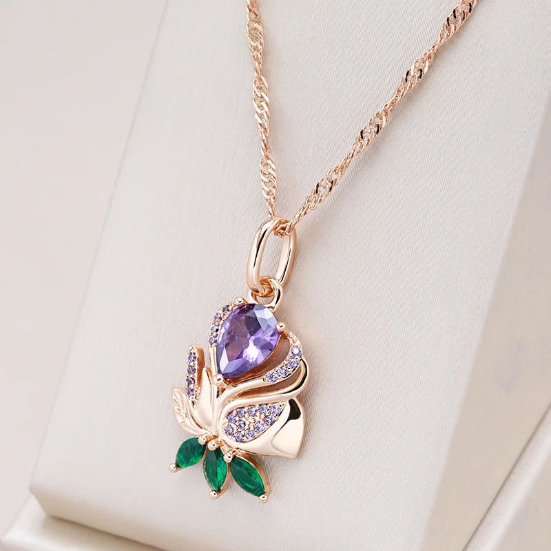 New Elegant Purple Zircon Flower Pendant Necklace in 585 Rose Gold Finish