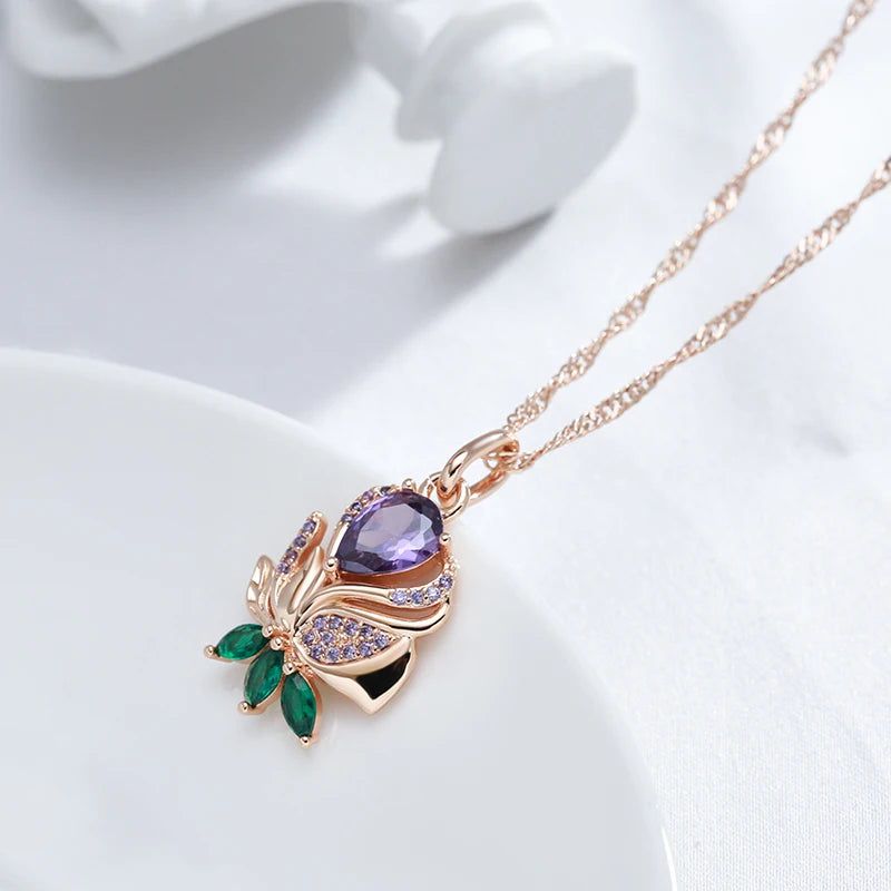 New Elegant Purple Zircon Flower Pendant Necklace in 585 Rose Gold Finish