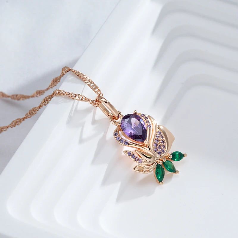 New Elegant Purple Zircon Flower Pendant Necklace in 585 Rose Gold Finish