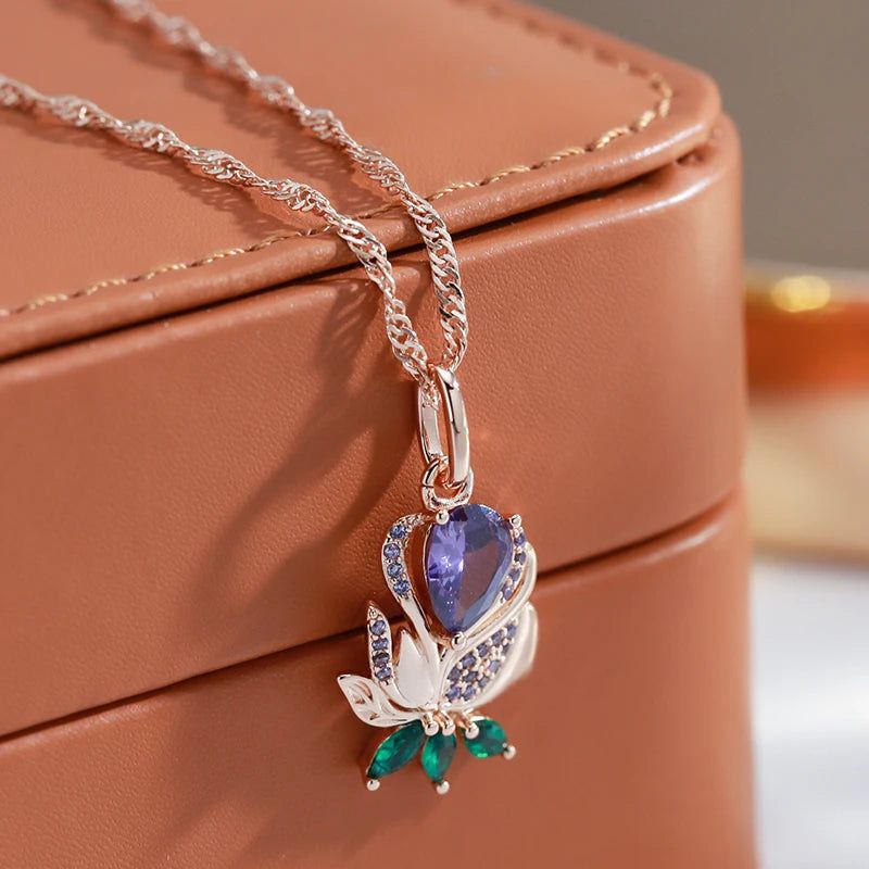 New Elegant Purple Zircon Flower Pendant Necklace in 585 Rose Gold Finish