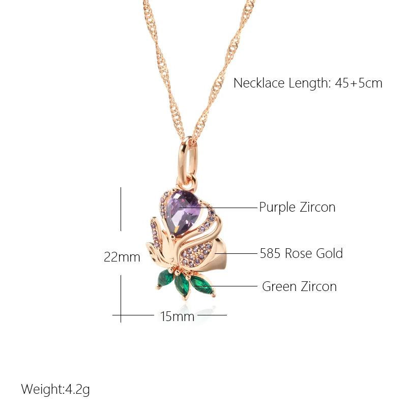 New Elegant Purple Zircon Flower Pendant Necklace in 585 Rose Gold Finish