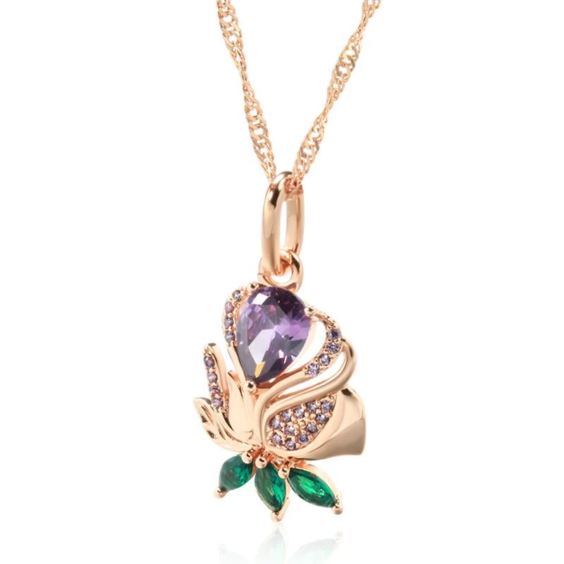 New Elegant Purple Zircon Flower Pendant Necklace in 585 Rose Gold Finish