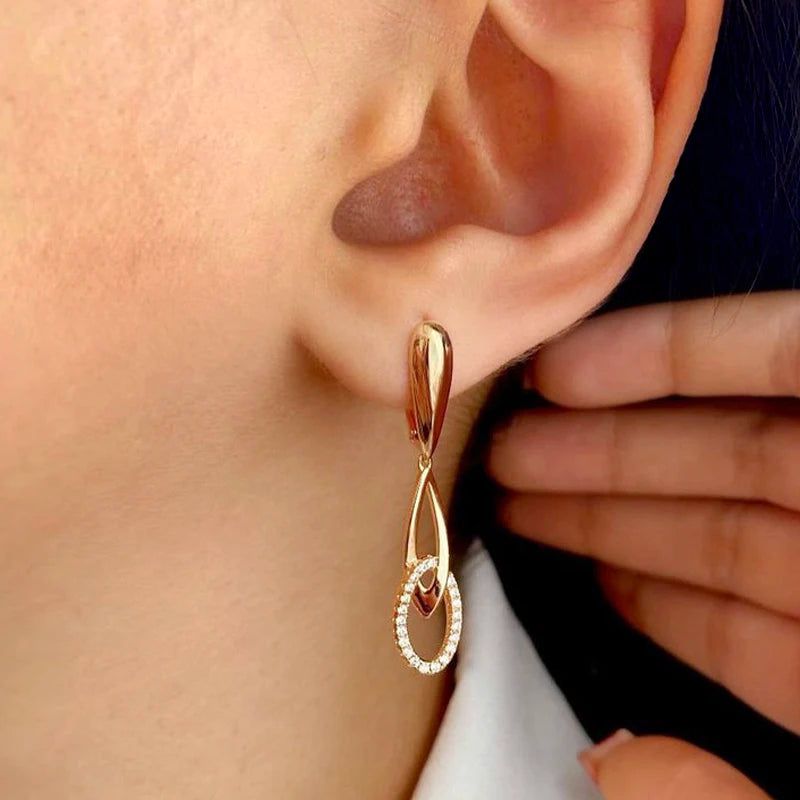 New Elegant Rose Gold Geometric Dangle Earrings with Natural Zircon Vintage Appeal