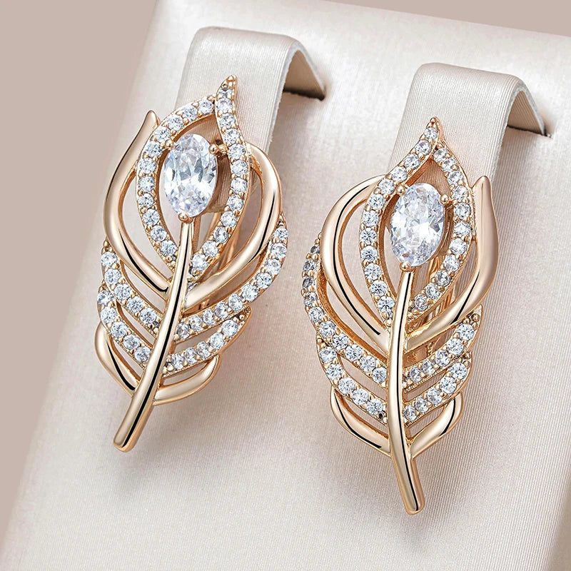 New Elegant Rose Gold Leaf Drop Earrings with Natural Zircon - Vintage Chic Jewelry