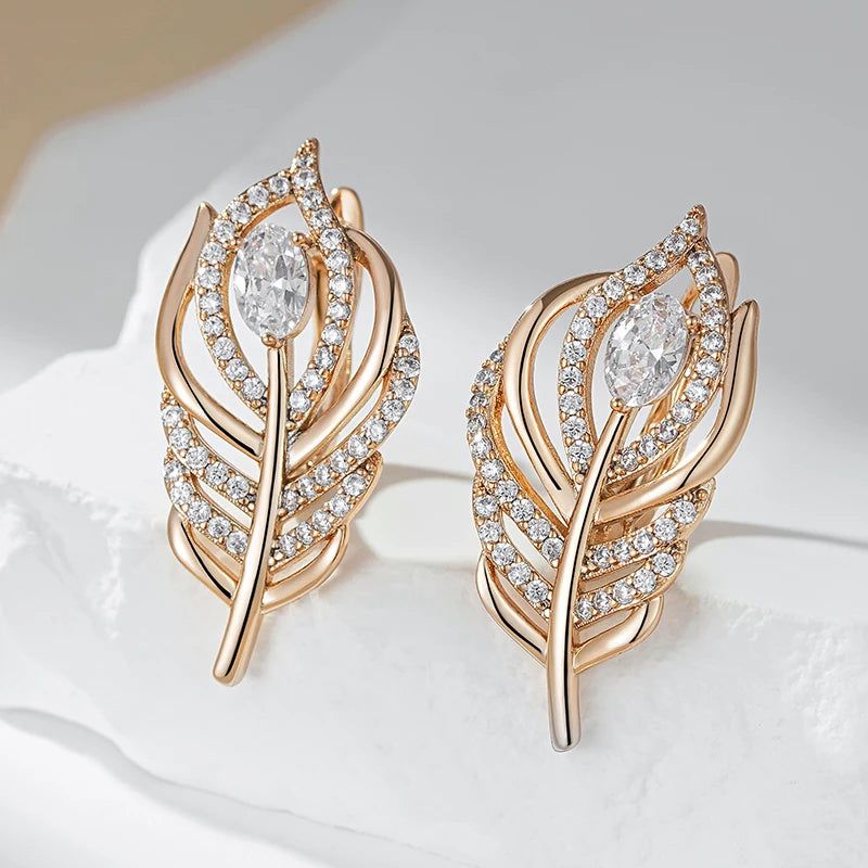 New Elegant Rose Gold Leaf Drop Earrings with Natural Zircon - Vintage Chic Jewelry