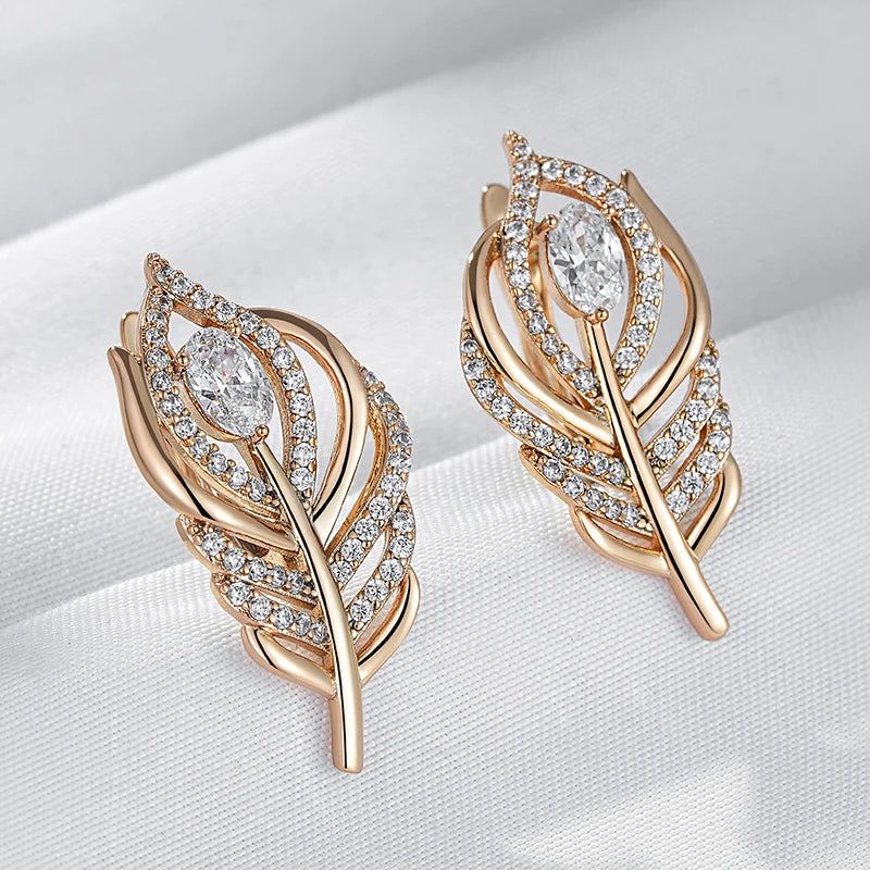 New Elegant Rose Gold Leaf Drop Earrings with Natural Zircon - Vintage Chic Jewelry