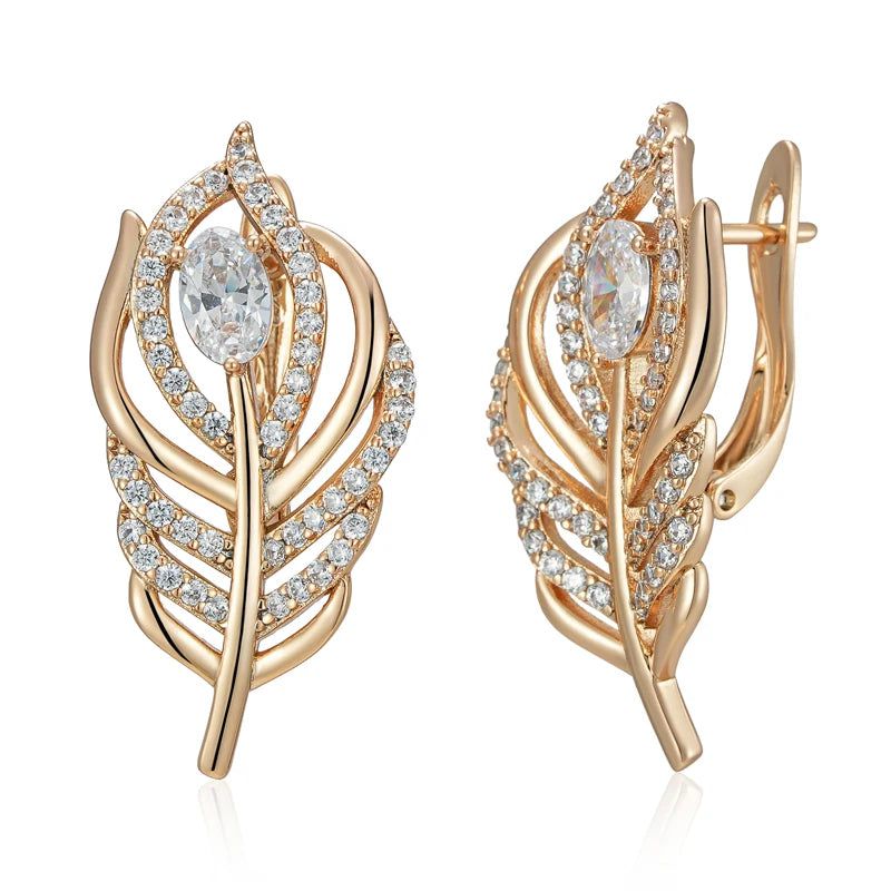 New Elegant Rose Gold Leaf Drop Earrings with Natural Zircon - Vintage Chic Jewelry