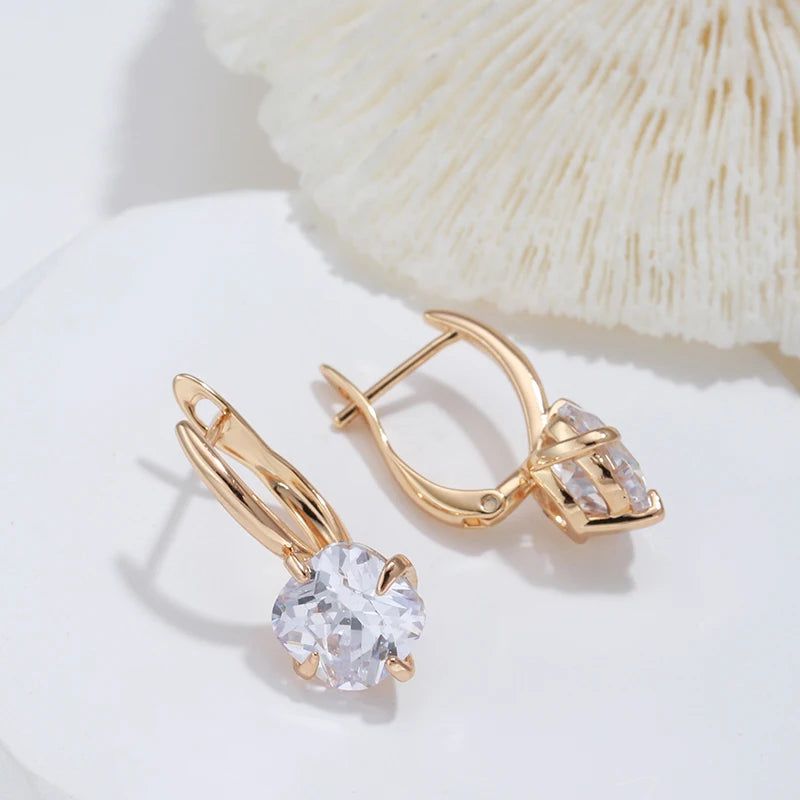 New Elegant Vintage Rose Gold Drop Earrings with Natural Zircon in Square Design