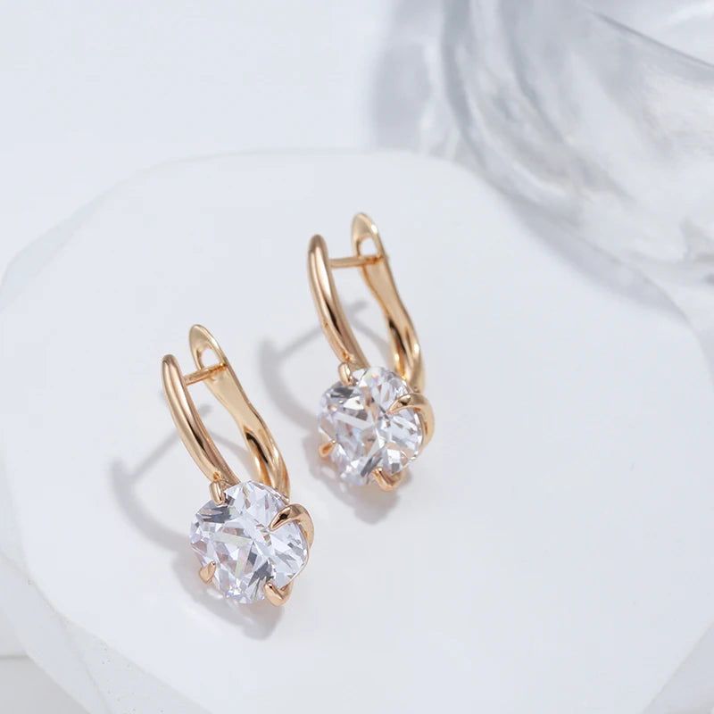 New Elegant Vintage Rose Gold Drop Earrings with Natural Zircon in Square Design