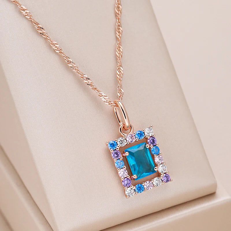 New Fashion 585 Rose Gold Square Pendant Necklace with Blue Natural Zircon – Elegant High-Quality Jewelry Accessory