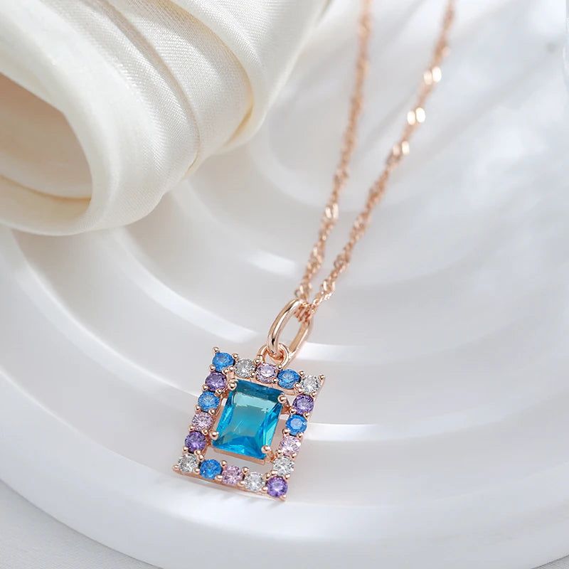 New Fashion 585 Rose Gold Square Pendant Necklace with Blue Natural Zircon – Elegant High-Quality Jewelry Accessory