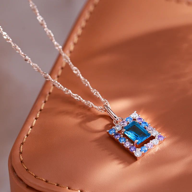 New Fashion 585 Rose Gold Square Pendant Necklace with Blue Natural Zircon – Elegant High-Quality Jewelry Accessory