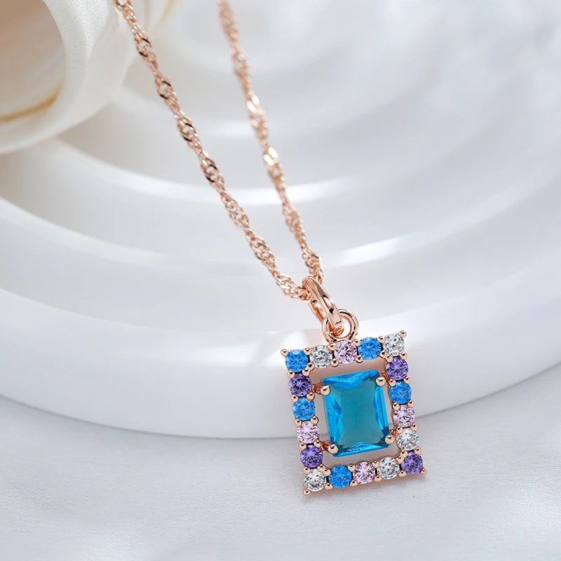 New Fashion 585 Rose Gold Square Pendant Necklace with Blue Natural Zircon – Elegant High-Quality Jewelry Accessory