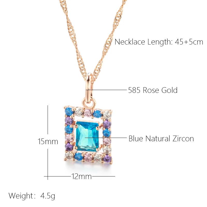 New Fashion 585 Rose Gold Square Pendant Necklace with Blue Natural Zircon – Elegant High-Quality Jewelry Accessory