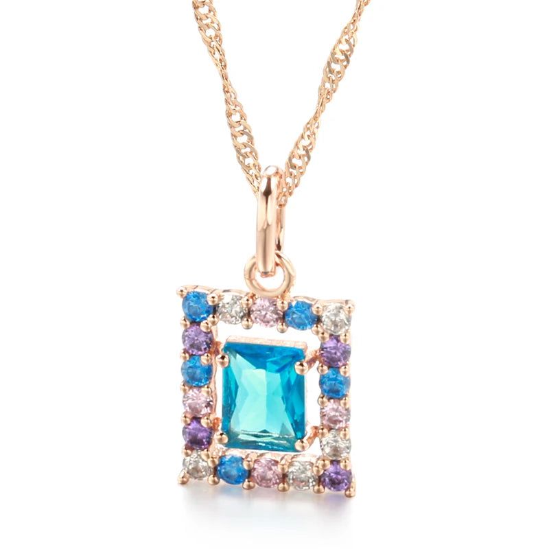 New Fashion 585 Rose Gold Square Pendant Necklace with Blue Natural Zircon – Elegant High-Quality Jewelry Accessory