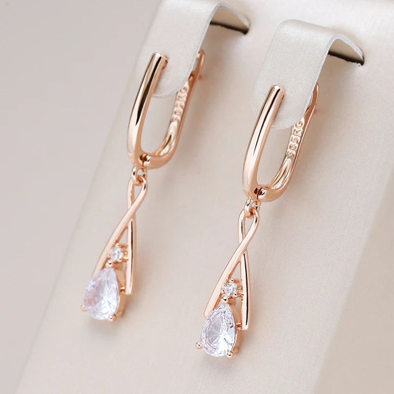 New Stylish 585 Rose Gold Geometric Dangle Earrings with Natural Zircon Vintage Charm