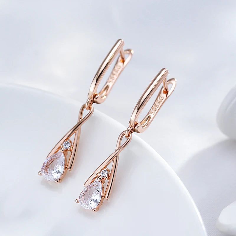 New Stylish 585 Rose Gold Geometric Dangle Earrings with Natural Zircon Vintage Charm