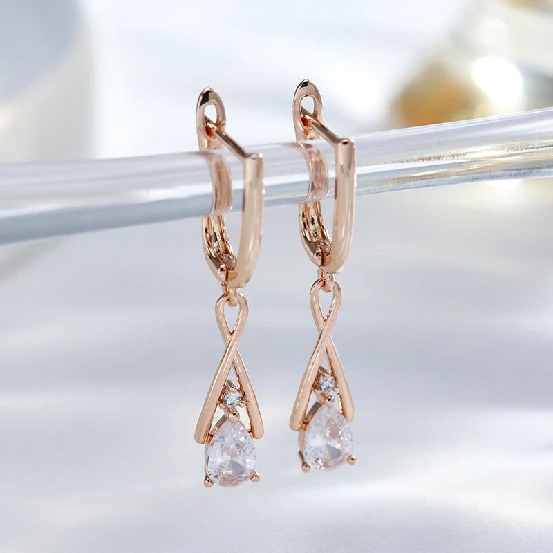 New Stylish 585 Rose Gold Geometric Dangle Earrings with Natural Zircon Vintage Charm