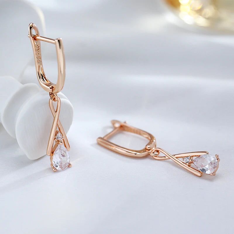 New Stylish 585 Rose Gold Geometric Dangle Earrings with Natural Zircon Vintage Charm