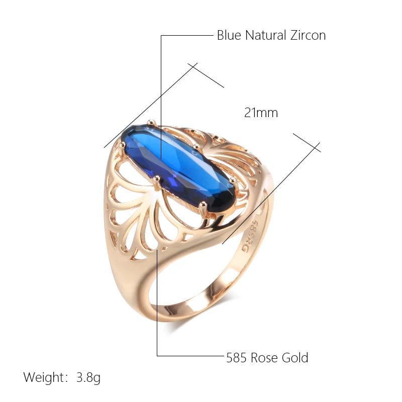 New Vintage 585 Rose Gold Cocktail Ring with Blue Natural Zircon