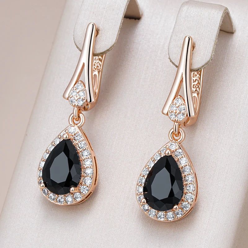 New Vintage Black Zircon Long Drop Earrings in 585 Rose Gold Finish