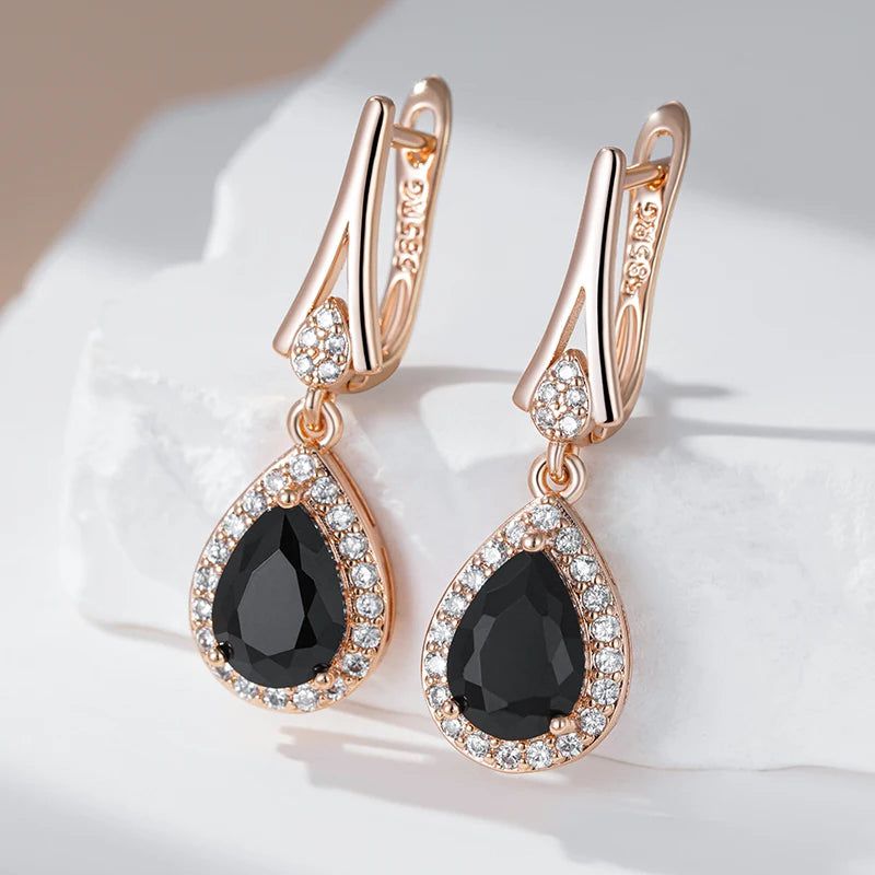 New Vintage Black Zircon Long Drop Earrings in 585 Rose Gold Finish