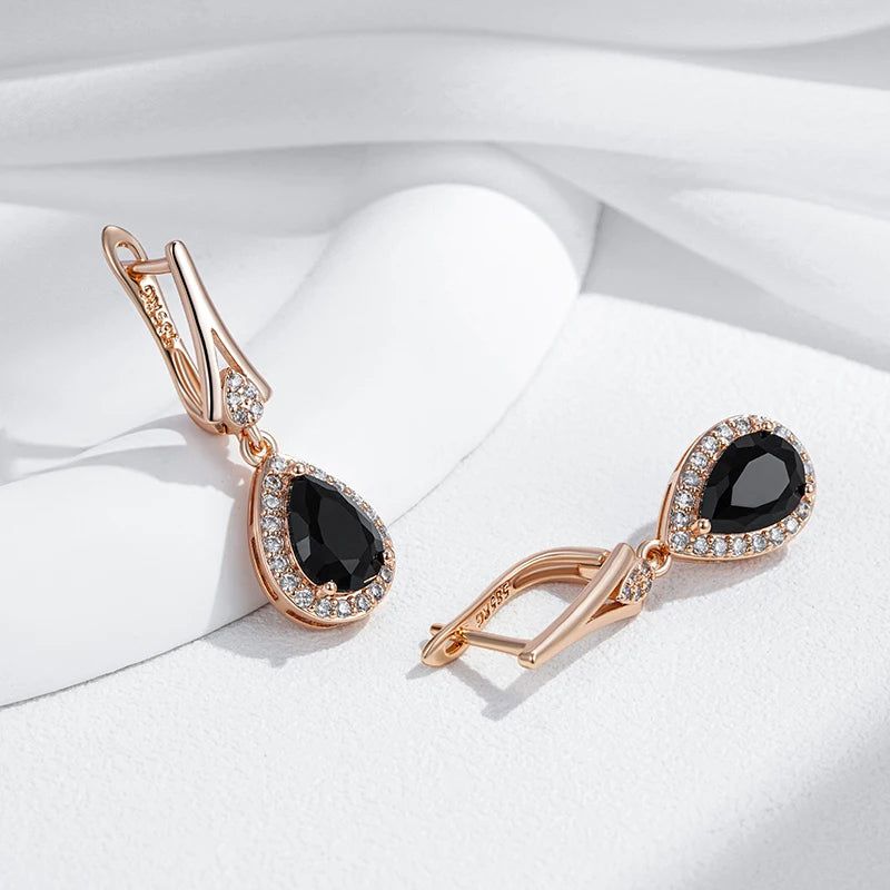 New Vintage Black Zircon Long Drop Earrings in 585 Rose Gold Finish