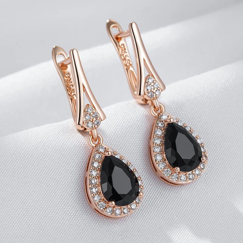 New Vintage Black Zircon Long Drop Earrings in 585 Rose Gold Finish