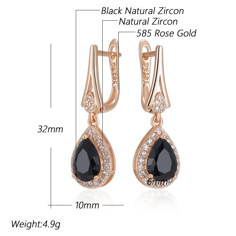 New Vintage Black Zircon Long Drop Earrings in 585 Rose Gold Finish