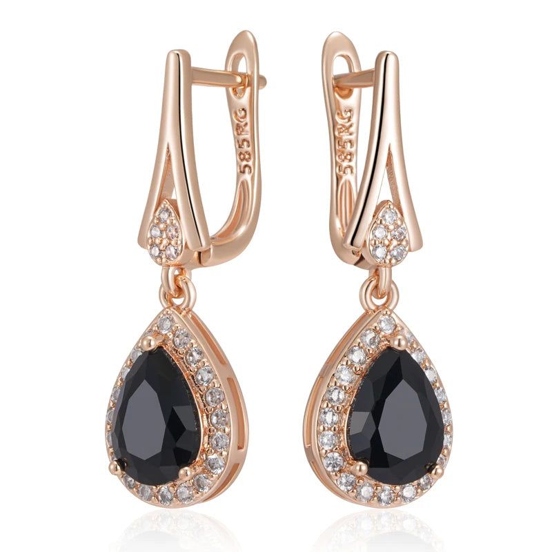 New Vintage Black Zircon Long Drop Earrings in 585 Rose Gold Finish