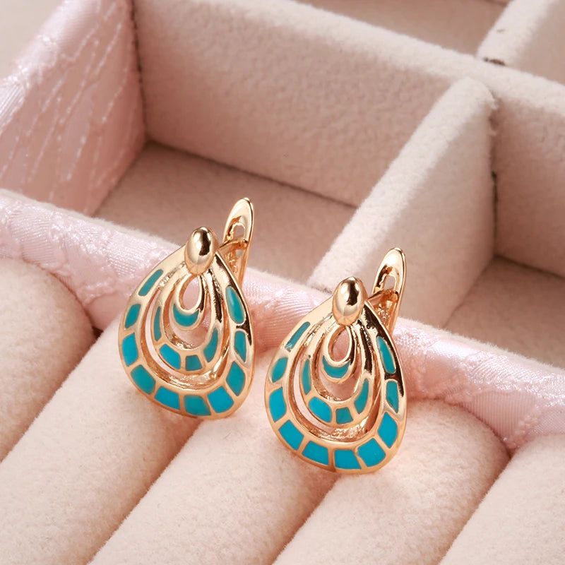 New Vintage Blue Enamel Drop Earrings in 585 Rose Gold