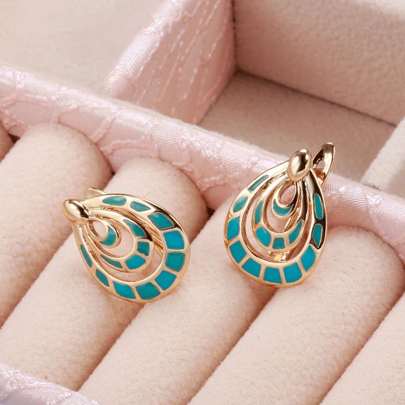 New Vintage Blue Enamel Drop Earrings in 585 Rose Gold