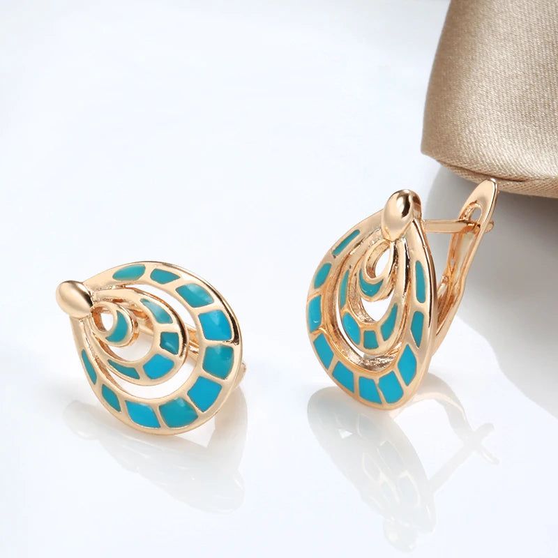 New Vintage Blue Enamel Drop Earrings in 585 Rose Gold