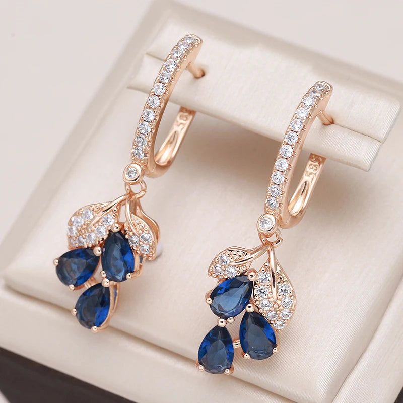 New Vintage Blue Natural Zircon Flower Drop Earrings in 585 Rose Gold Finish