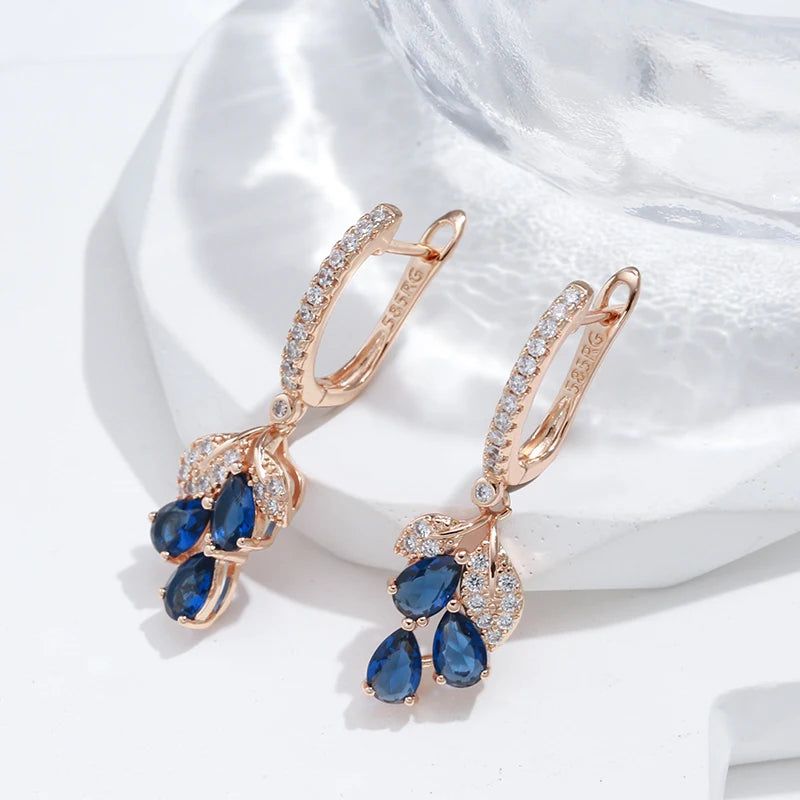 New Vintage Blue Natural Zircon Flower Drop Earrings in 585 Rose Gold Finish