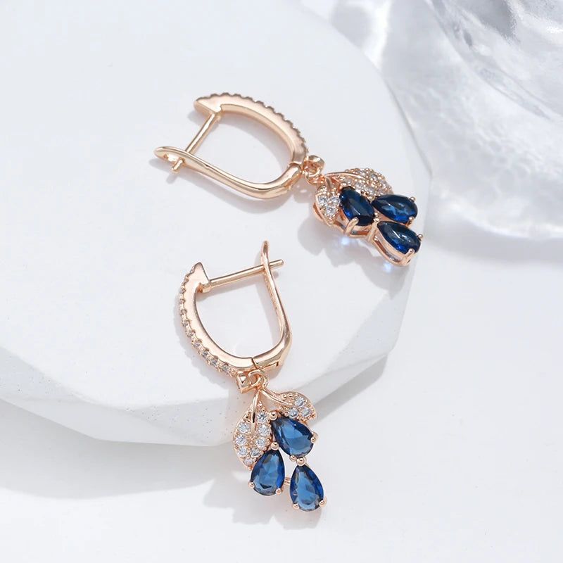 New Vintage Blue Natural Zircon Flower Drop Earrings in 585 Rose Gold Finish