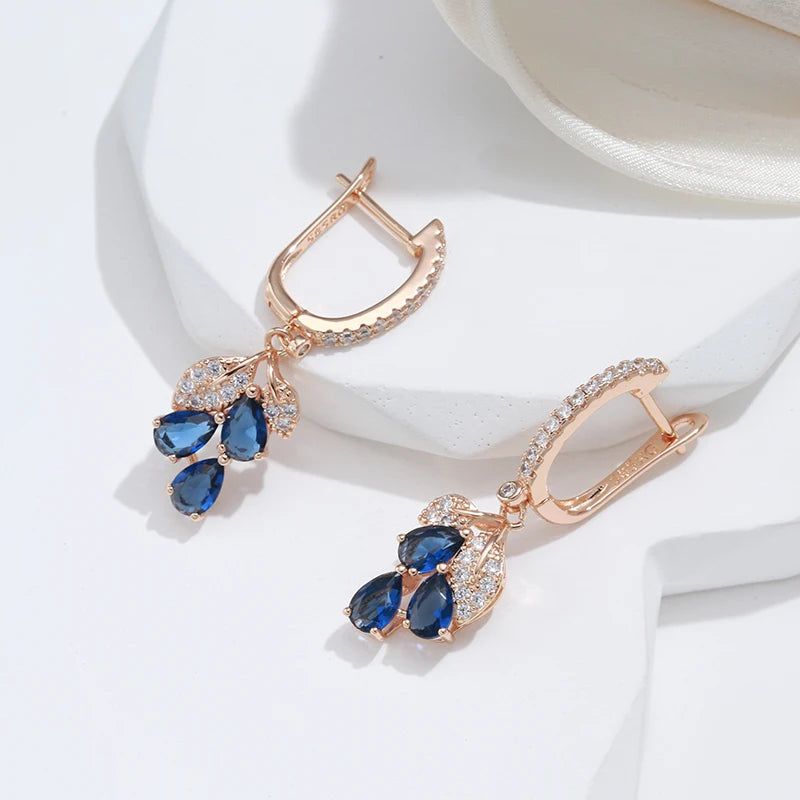 New Vintage Blue Natural Zircon Flower Drop Earrings in 585 Rose Gold Finish