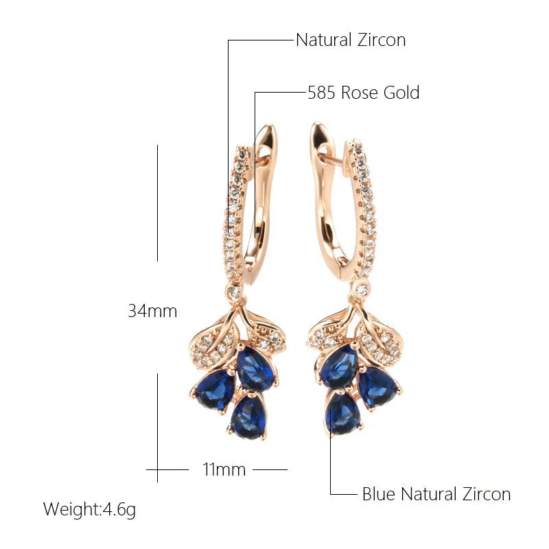 New Vintage Blue Natural Zircon Flower Drop Earrings in 585 Rose Gold Finish