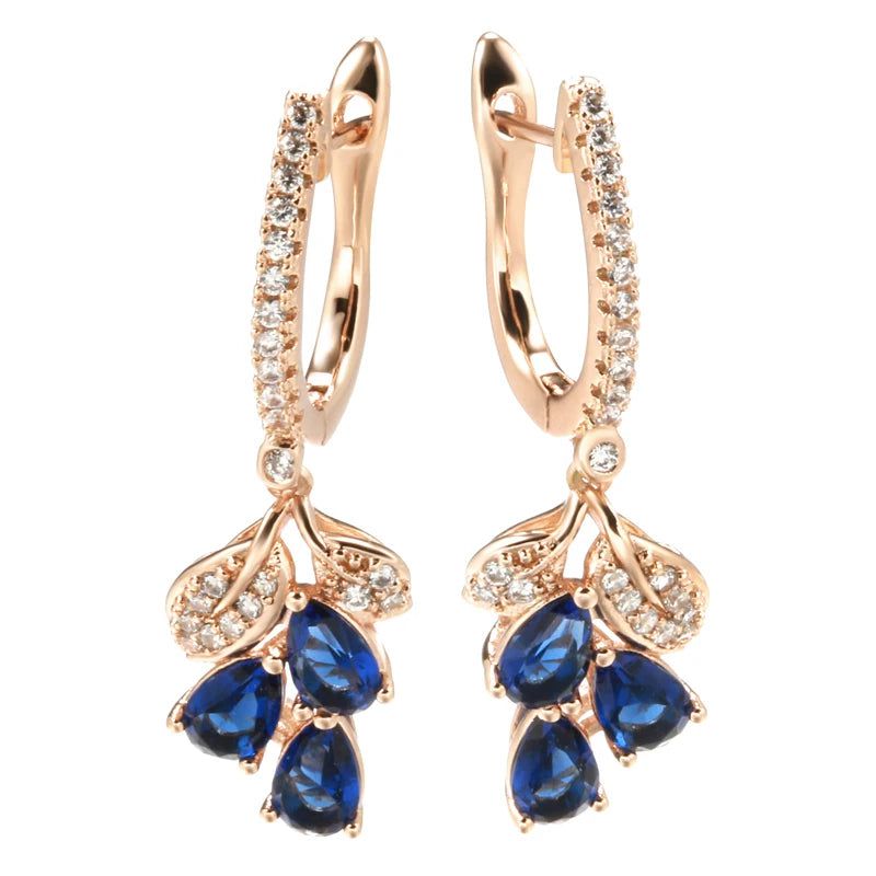 New Vintage Blue Natural Zircon Flower Drop Earrings in 585 Rose Gold Finish