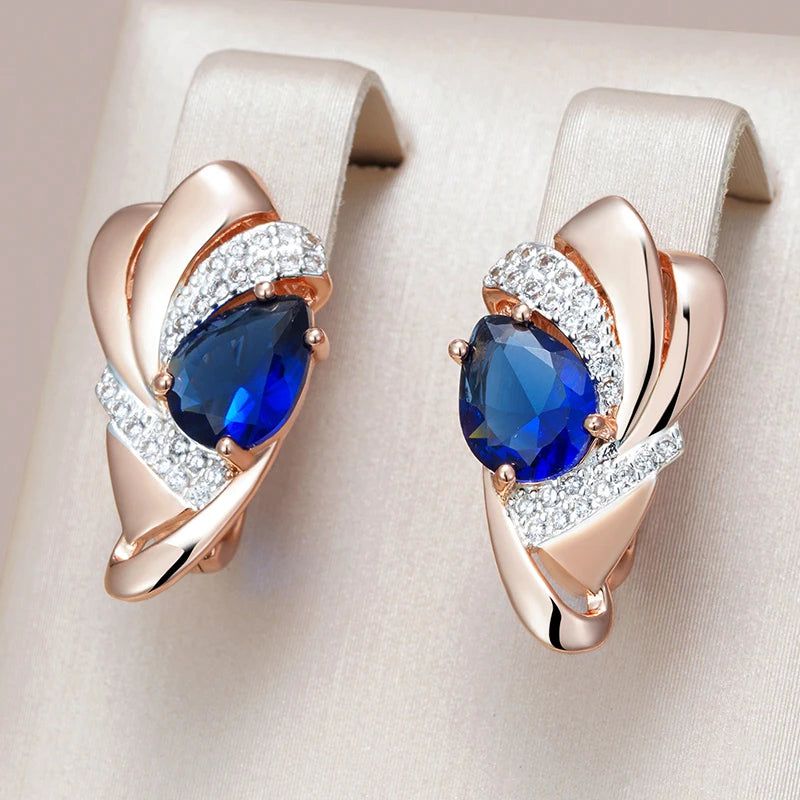 New Vintage Blue Stone Drop Earrings in 585 Rose Gold and Silver with Crystal Accents