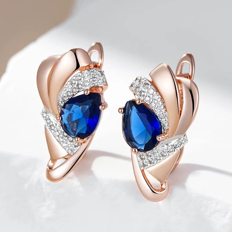 New Vintage Blue Stone Drop Earrings in 585 Rose Gold and Silver with Crystal Accents