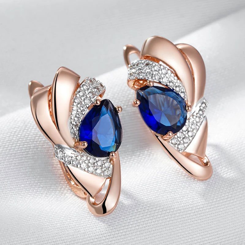 New Vintage Blue Stone Drop Earrings in 585 Rose Gold and Silver with Crystal Accents