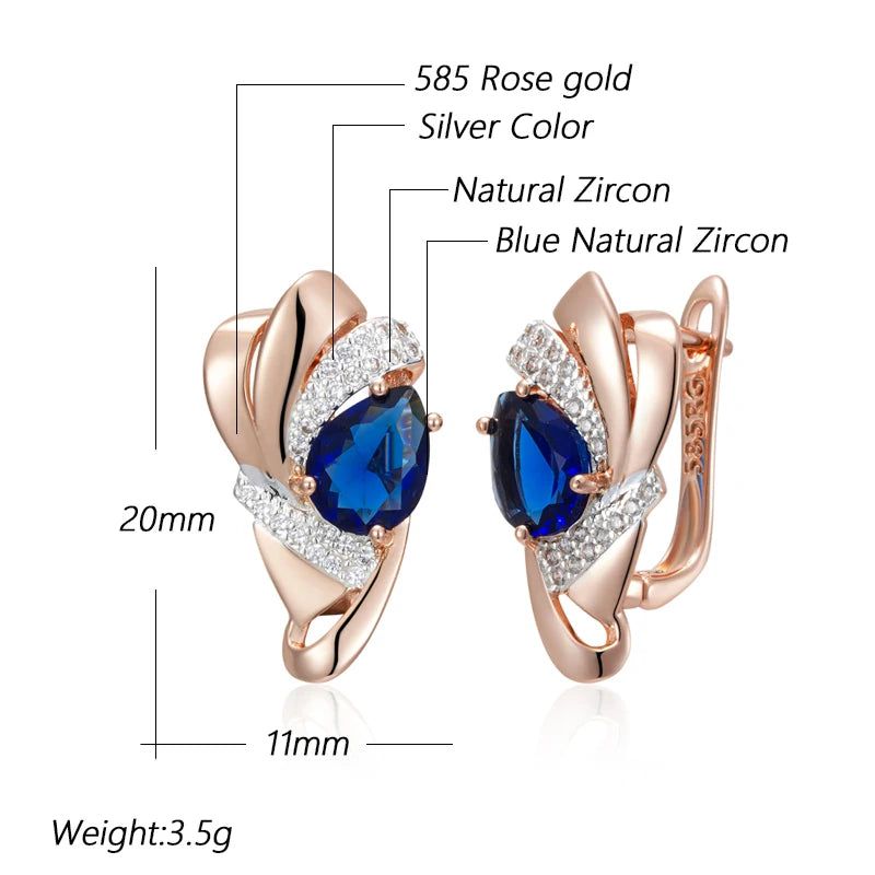 New Vintage Blue Stone Drop Earrings in 585 Rose Gold and Silver with Crystal Accents