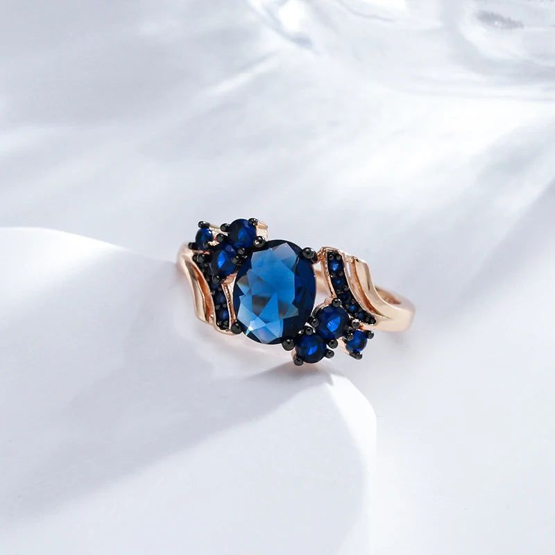 New Vintage Blue Zircon Cocktail Ring in 585 Rose Gold and Black Plating