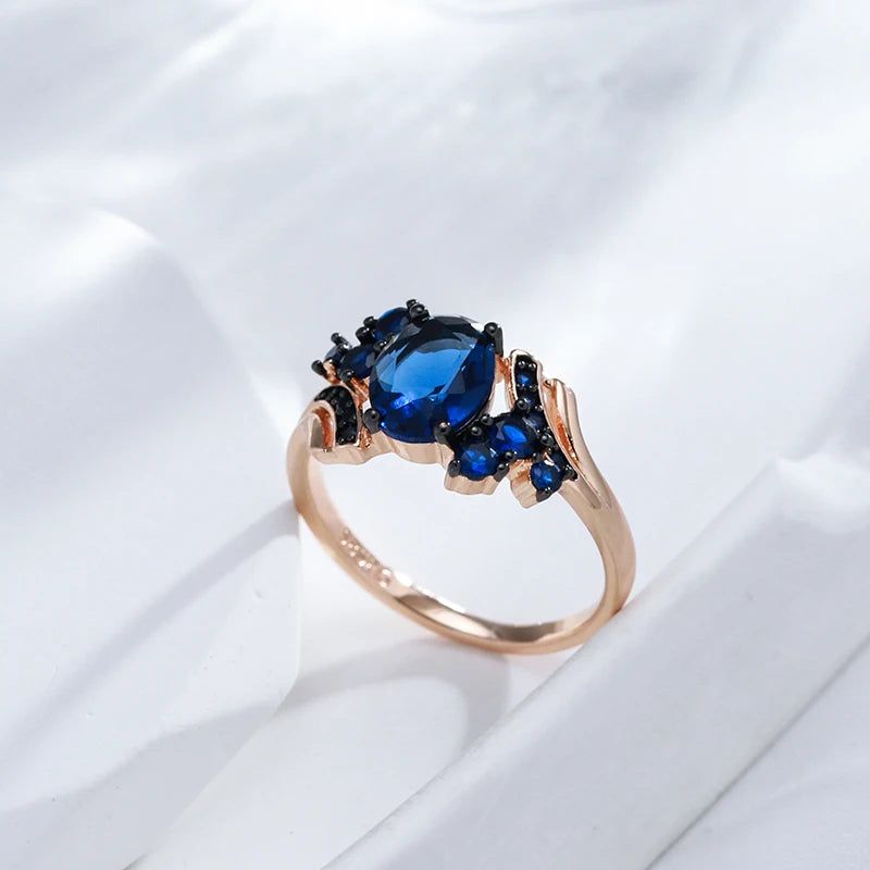 New Vintage Blue Zircon Cocktail Ring in 585 Rose Gold and Black Plating